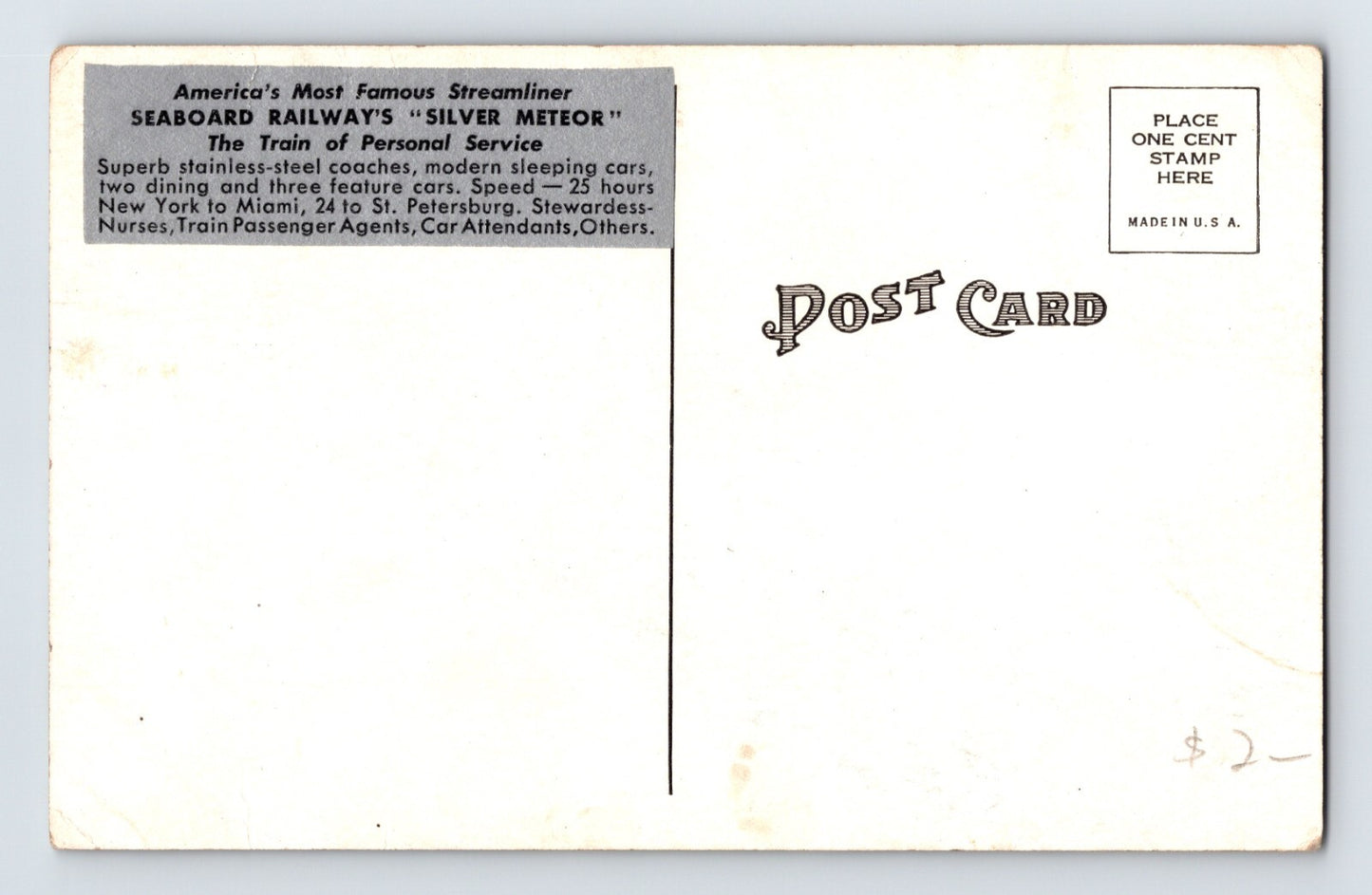 Seaboard System Railroad Train Silver Meteor 1960s Postcard Unposted Chrome