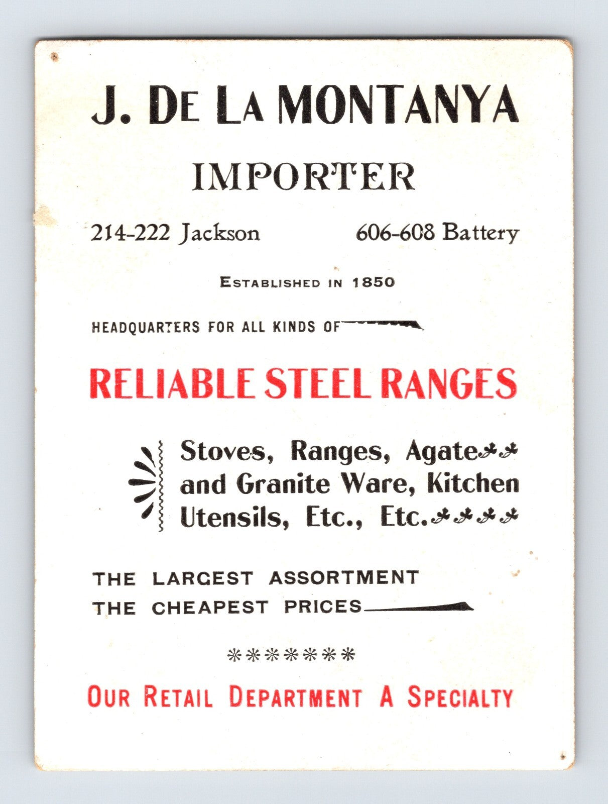 Montanya Steel Ranges 1890s Victorian Trade Card San Francisco California Battery 3 x 4