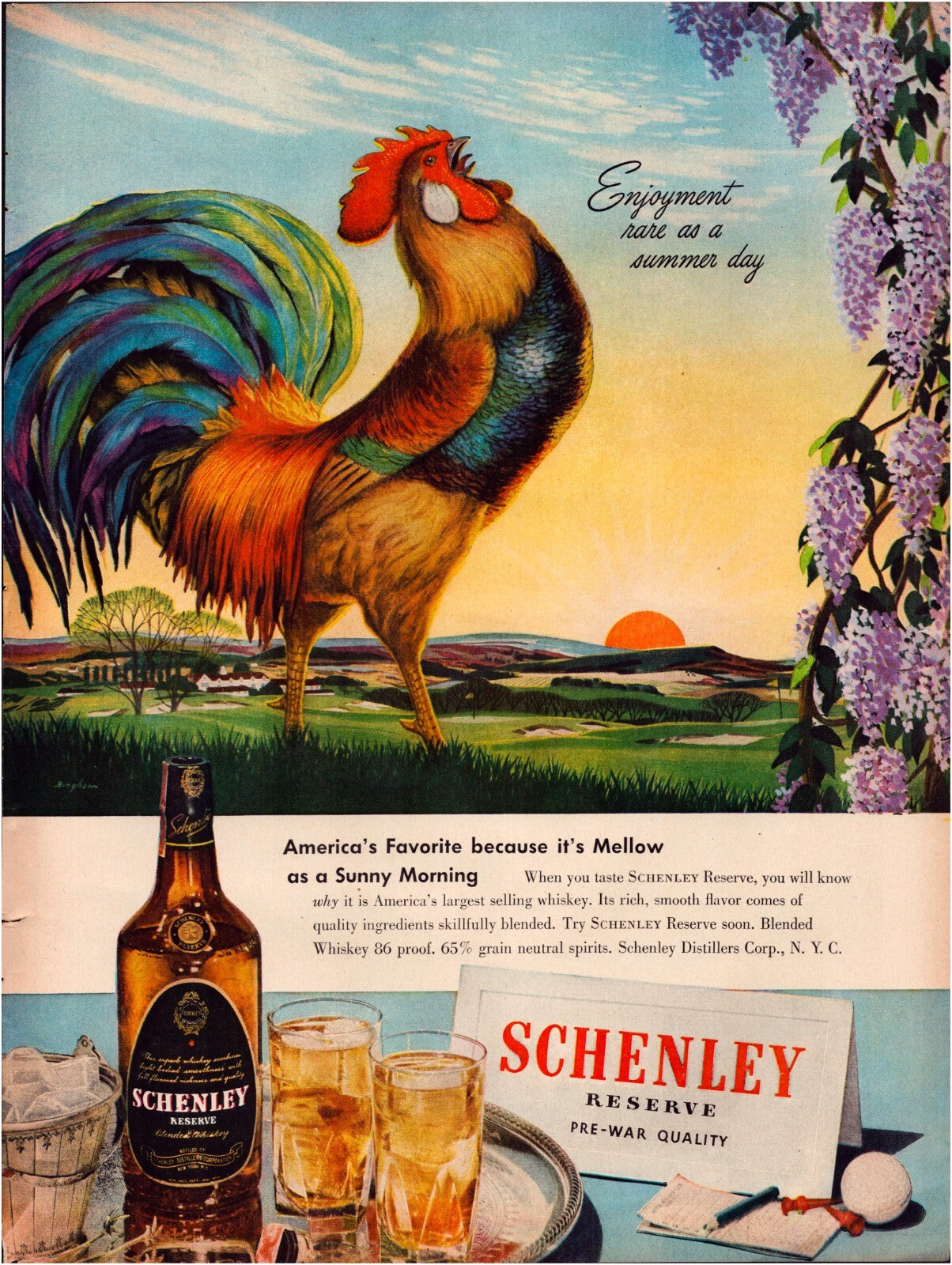 Schenley Whiskey 1946 print ad colorful rooster sunrise landscape full page vintage whiskey advertising