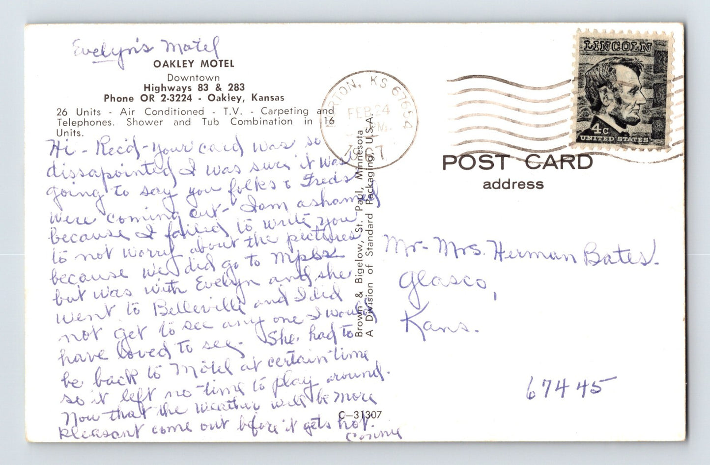 Oakley Kansas Motel 1967 Postcard Posted Chrome