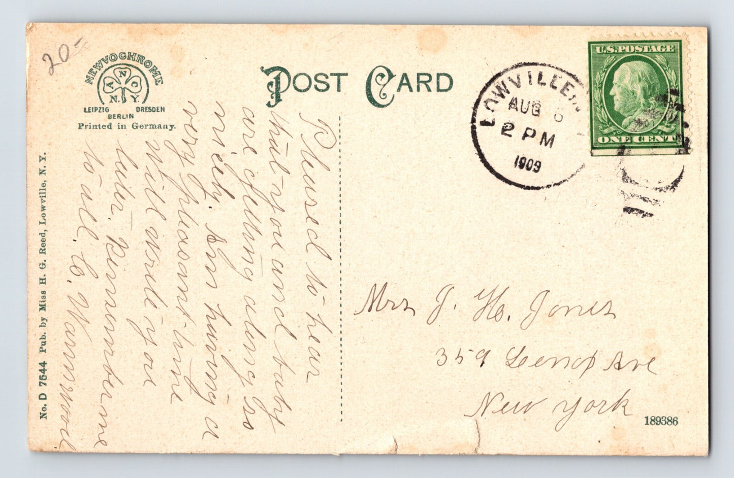 Lowville New York State Street Dirt Road 1909 Postcard Posted Divided Back