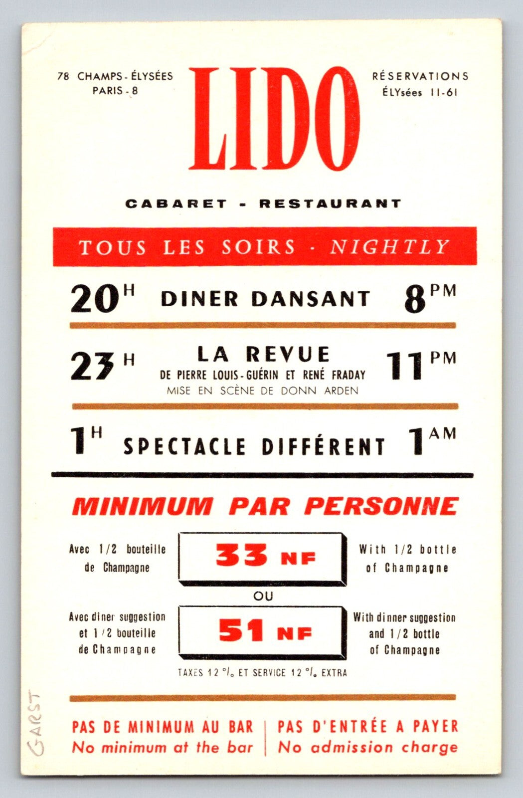 Paris France Lido Champs Elysees Risque Burlesque 1950s Postcard Unposted Chrome