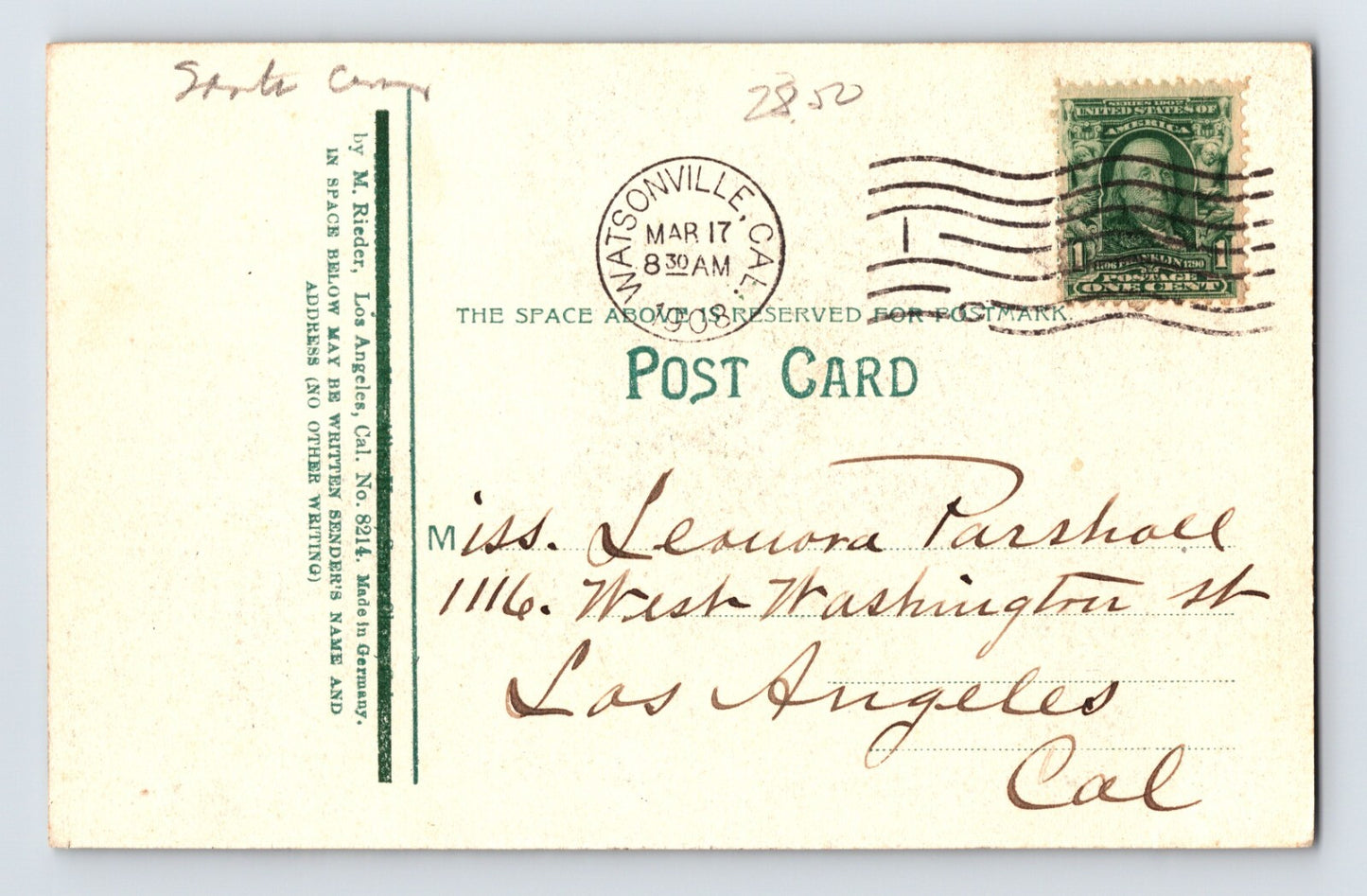 Watsonville California Lake Avenue Drive 1908 Postcard Posted Divided Back