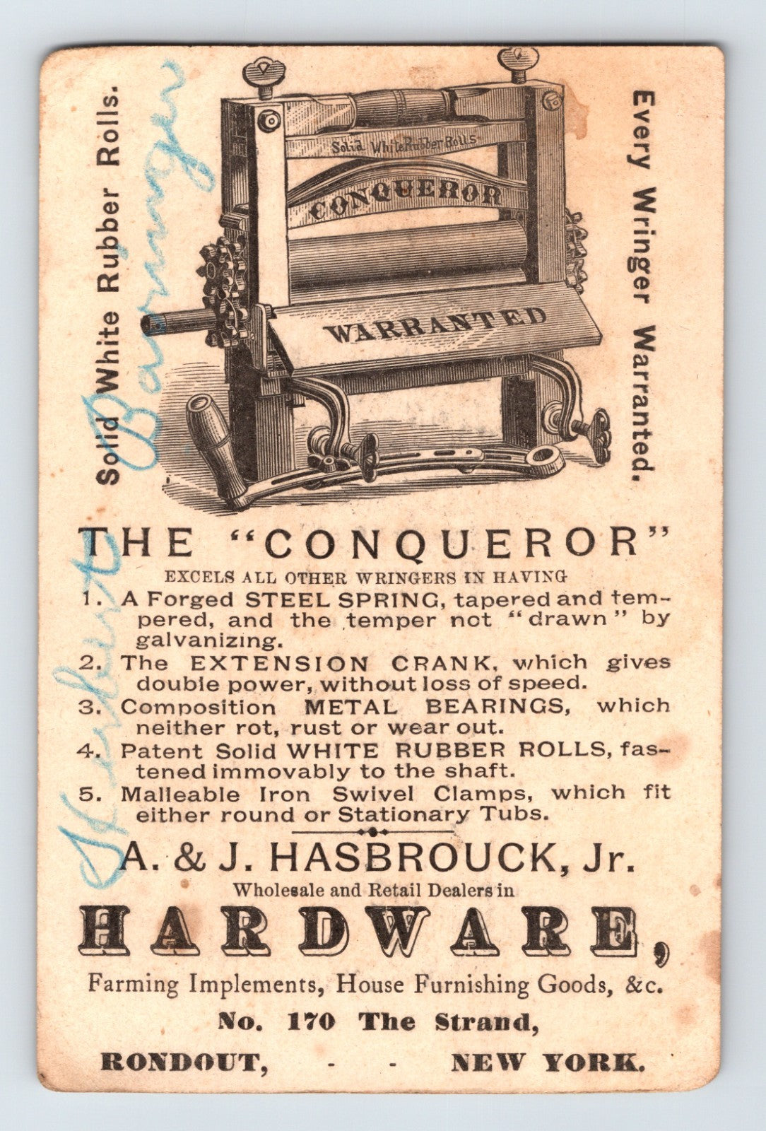 Hasbrouck Conqueror Wringer Girl Mirror 1880s Trade Card Rondout NY - 5 x 3.25