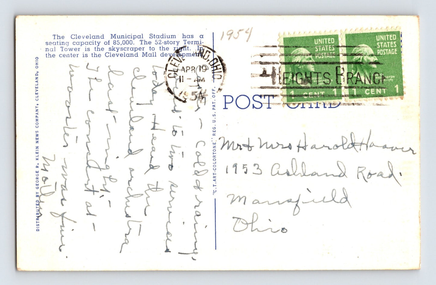 Cleveland Ohio Municipal Stadium Downtown 1954 Postcard Posted Linen