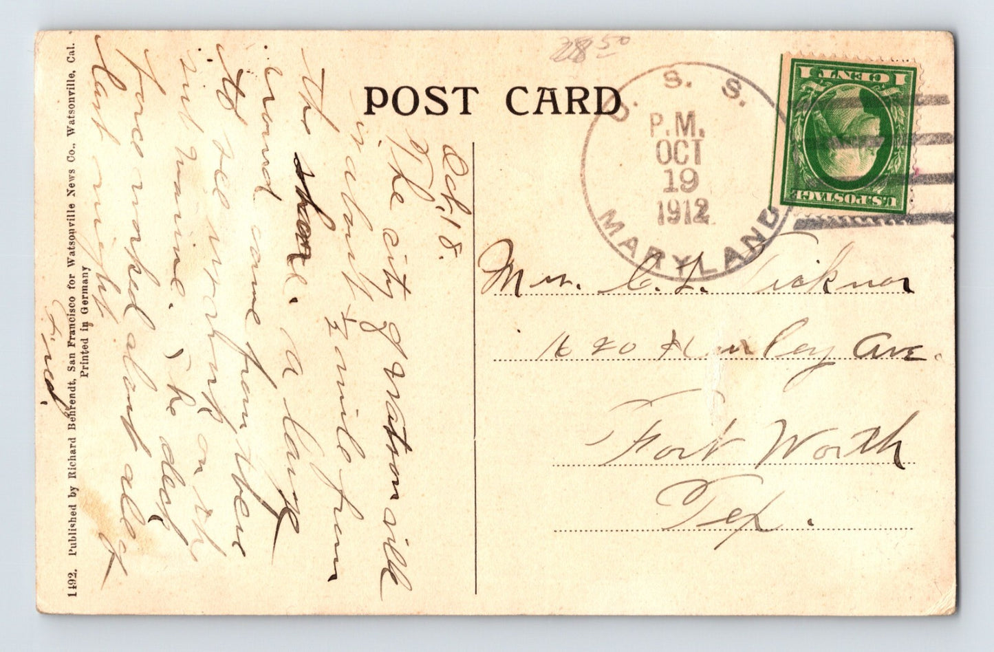 Watsonville California Main Street 1912 Postcard Posted Divided Back
