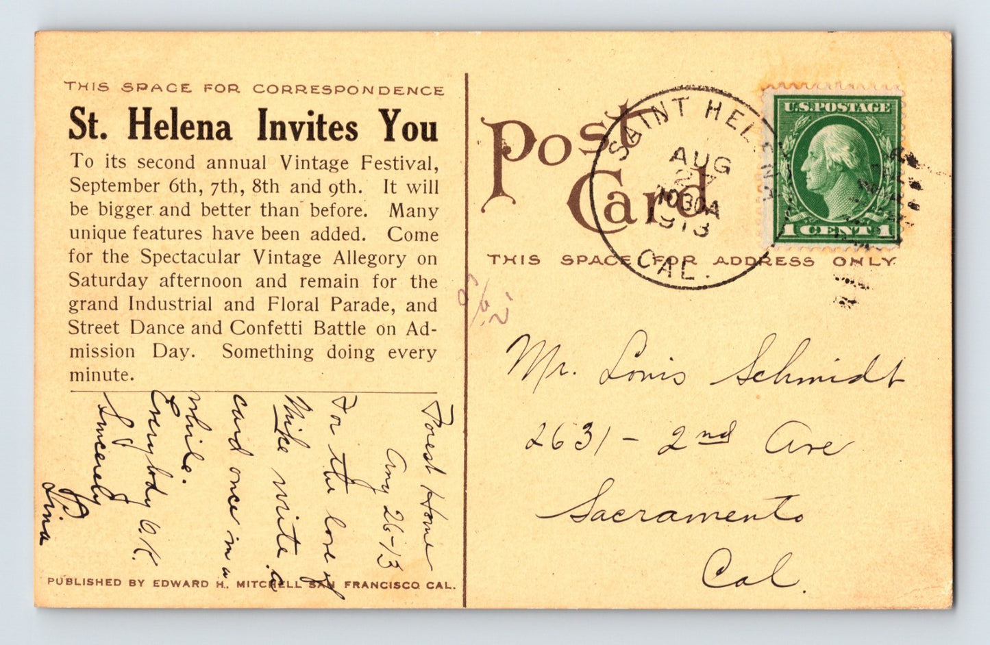 Napa California Dutch Flat Bridge St Helena Vintage Festival 1913 Postcard