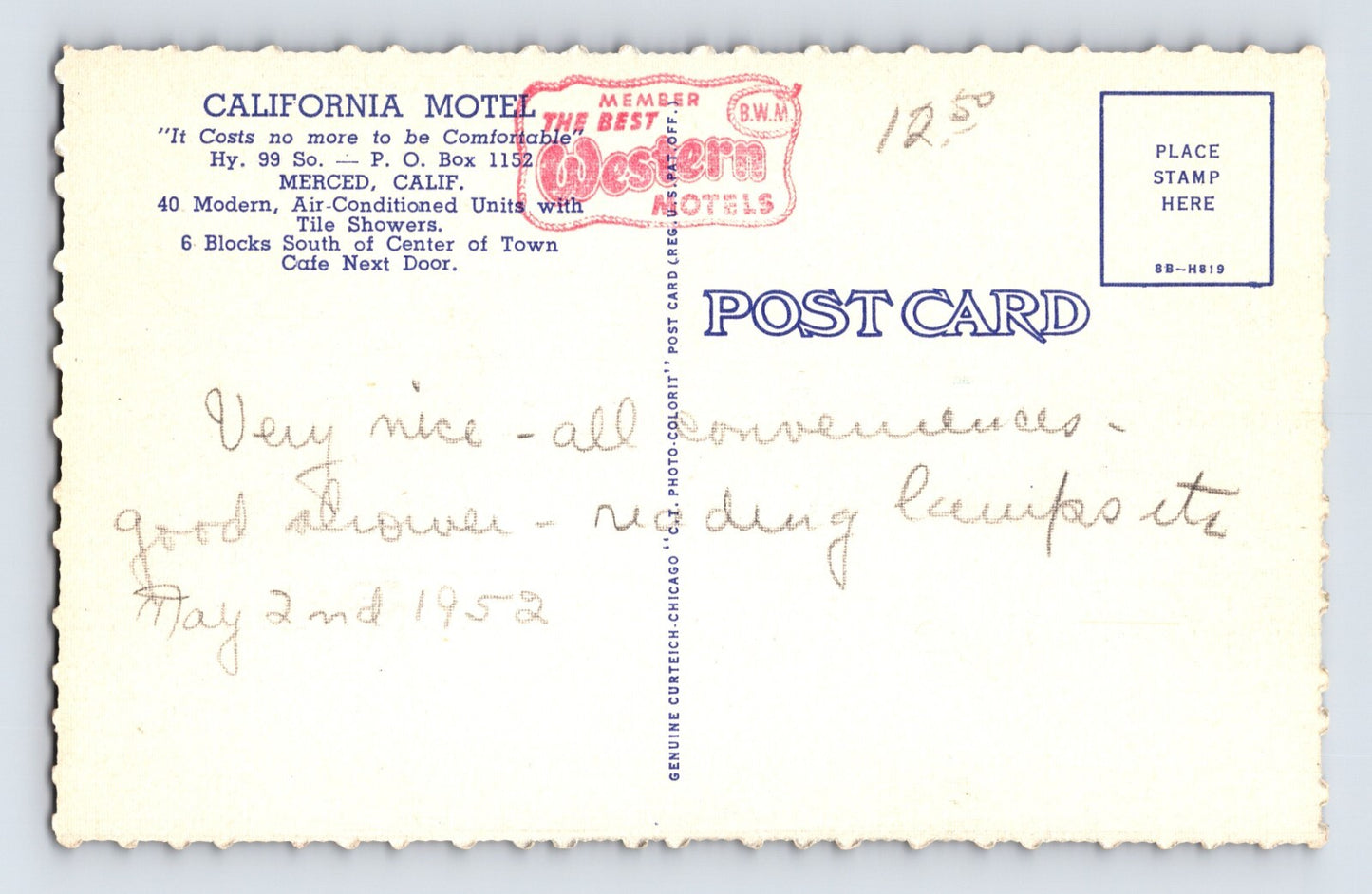 Merced California California Motel 1940s Postcard Unposted Linen