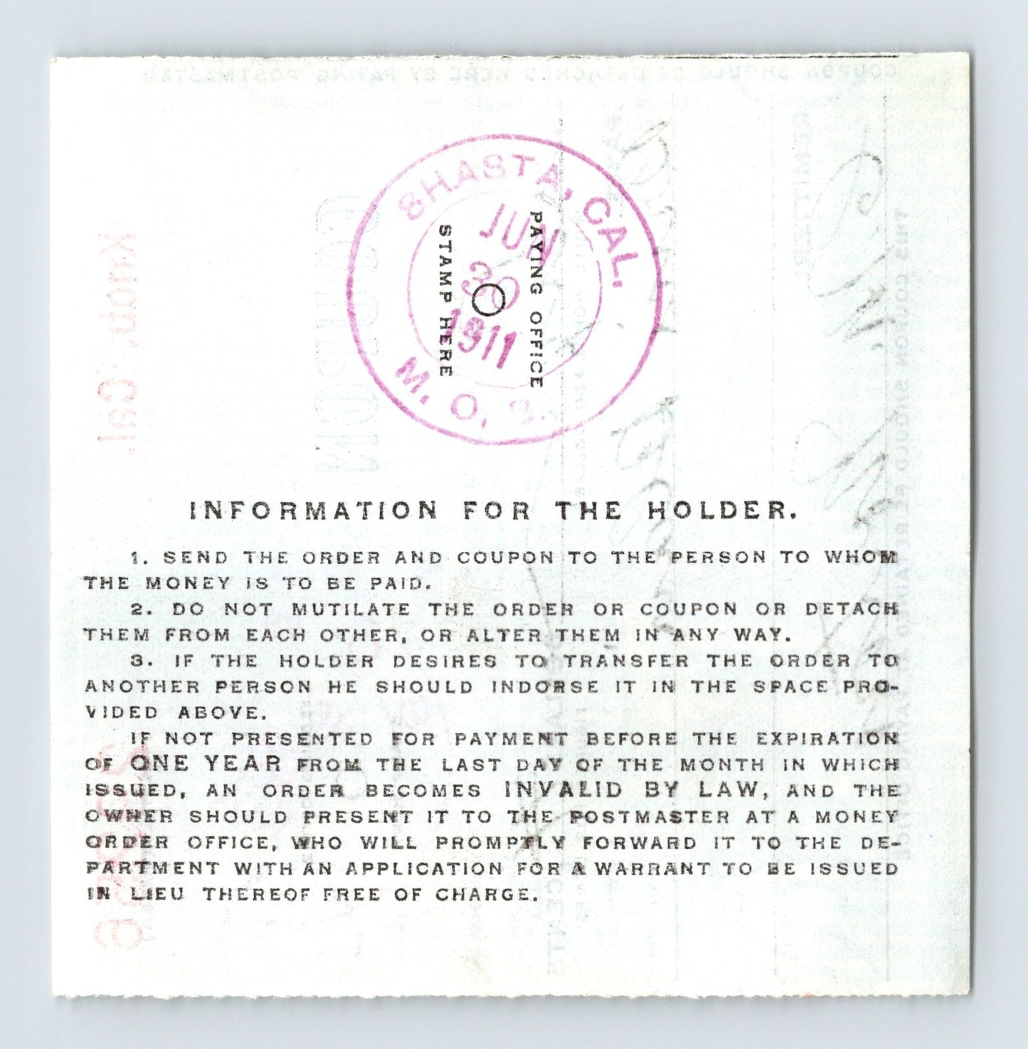Knob California 1911 Postal Money Order Advice Receipt 3.5 x 3.5