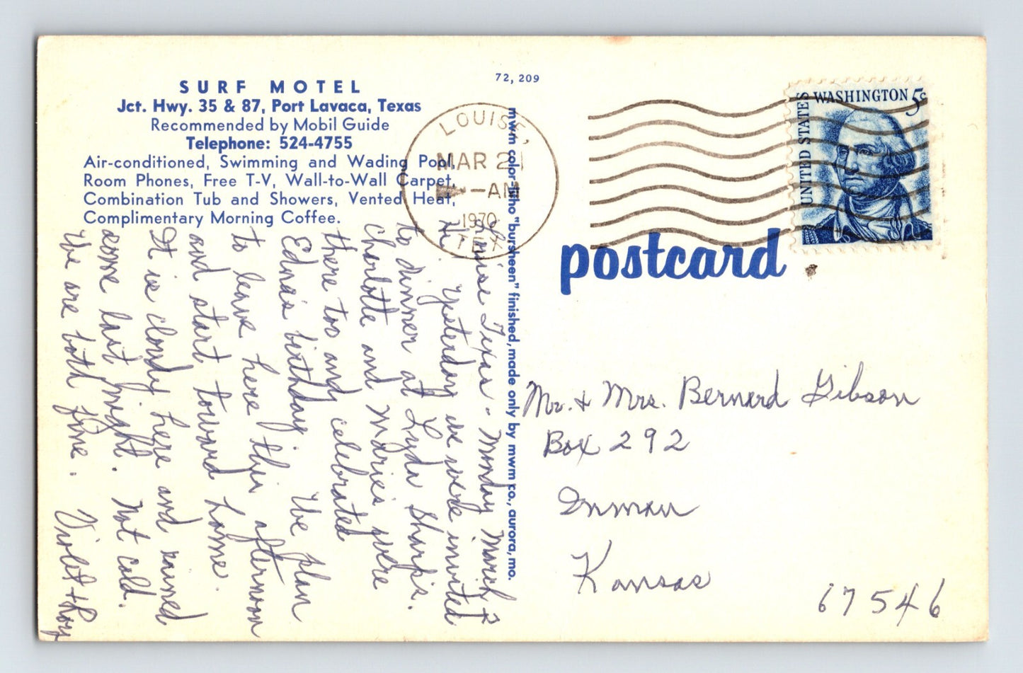 Port Lavaca Texas Surf Motel 1970 Postcard Posted Chrome