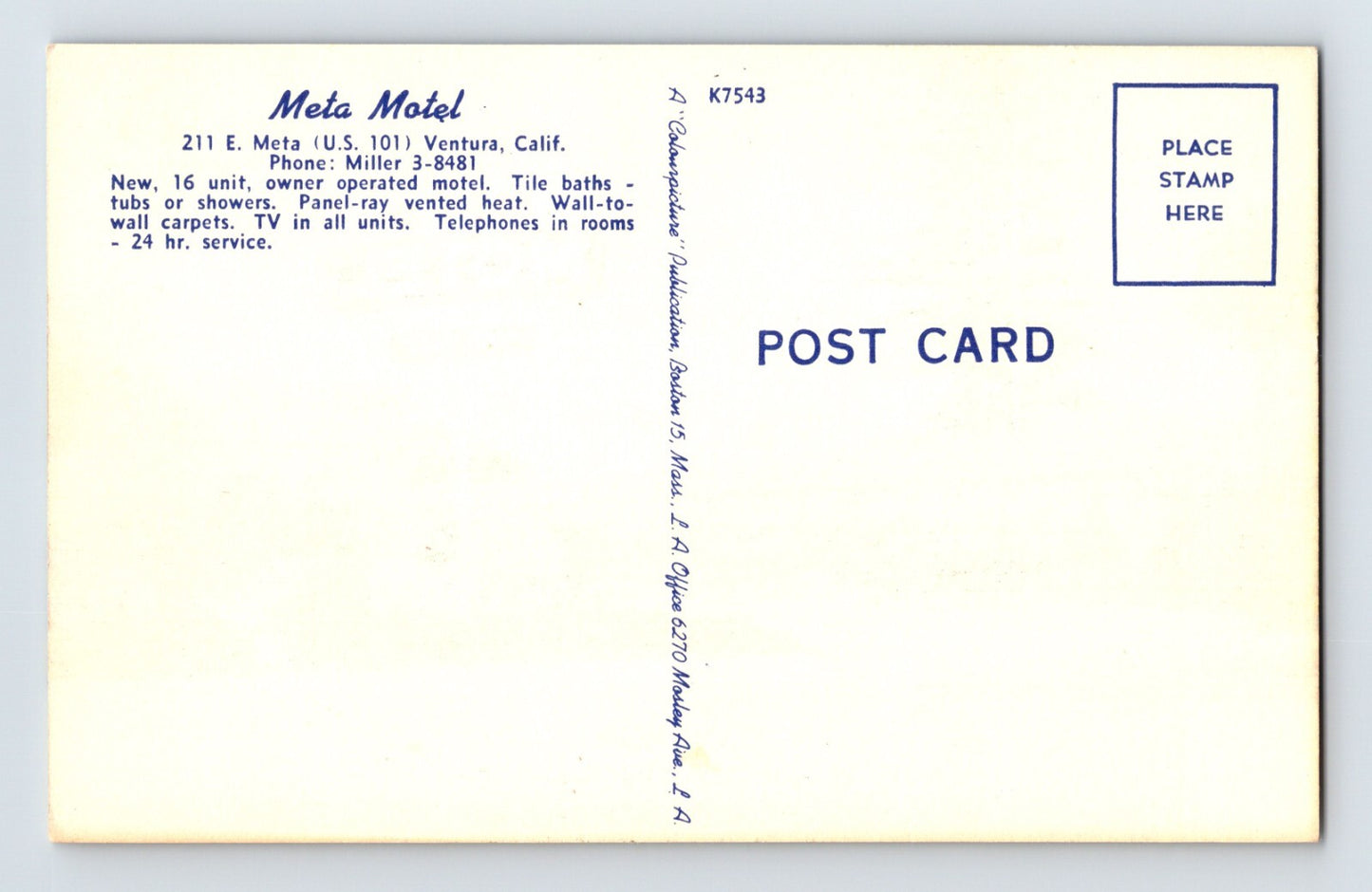 Ventura California Meta Motel 1940s Postcard Unposted Linen