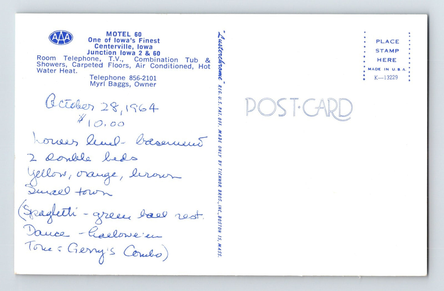 Centerville Iowa Motel 60 1960s Postcard Unposted Chrome