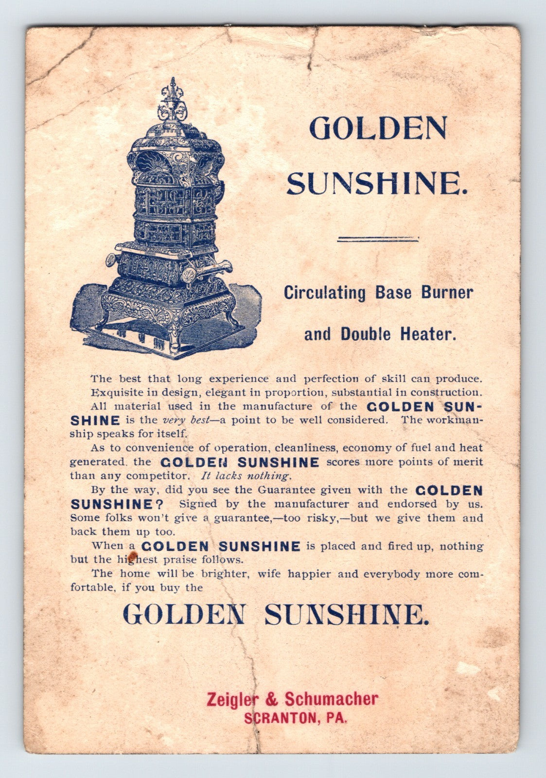 Golden Sunshine Stoves Ranges Furnaces Trade Card 1890s Scranton PA 6 x 4