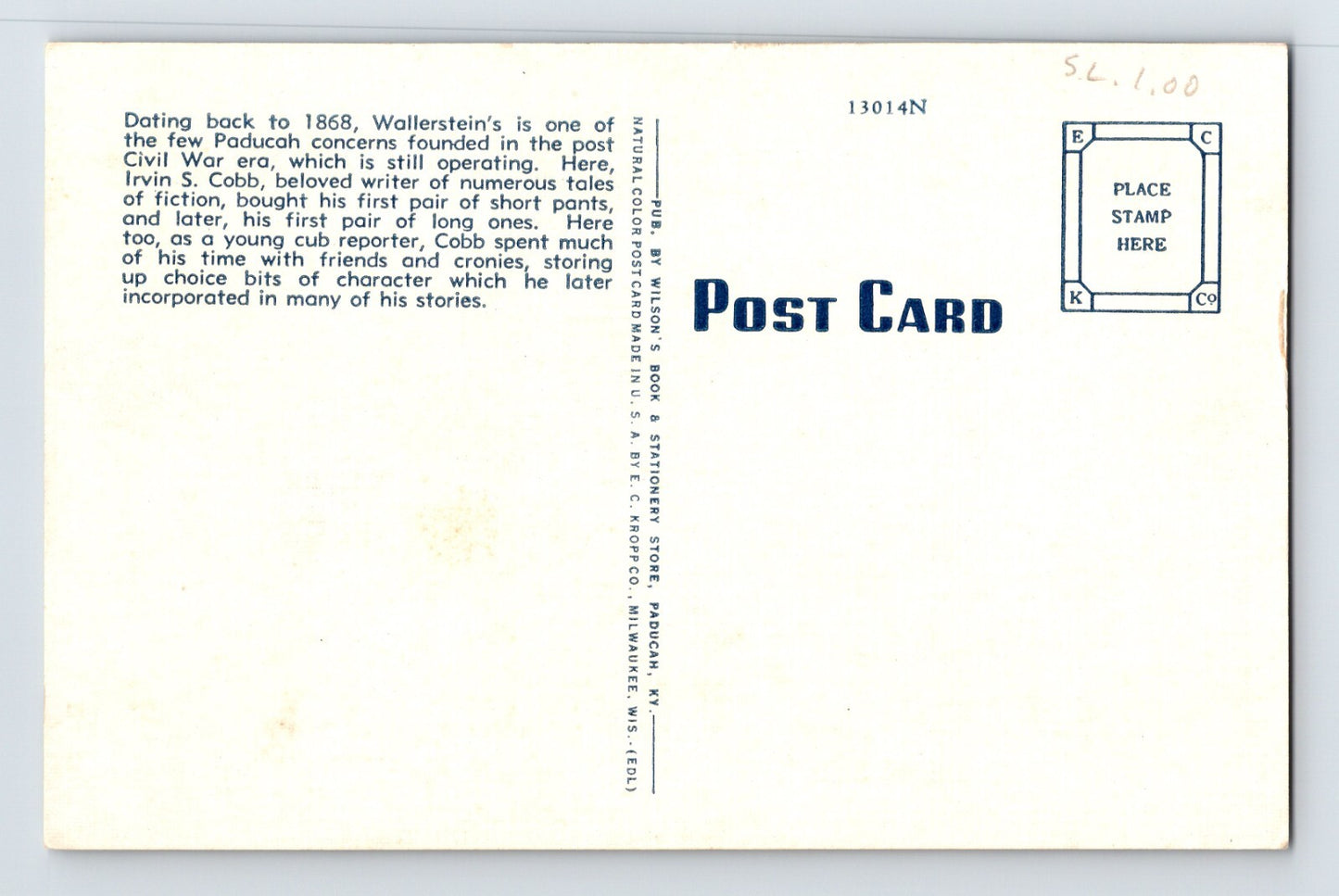 Paducah Kentucky Wallersteins Irvin Cobb 1940s Postcard Unposted Linen