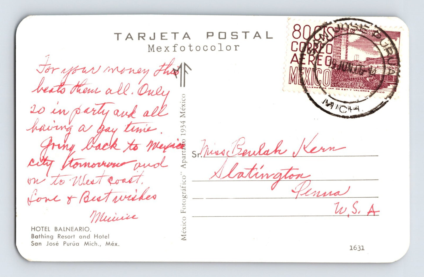 San Jose Purua Michoacan Hotel Balneario 1960s Postcard Posted Chrome