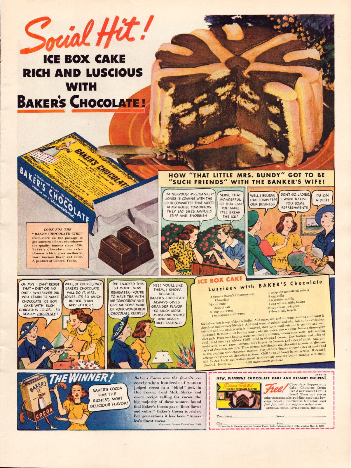 Bakers Chocolate 1938 Ice Box Cake Recipe Print Ad 10.5 x 13.5