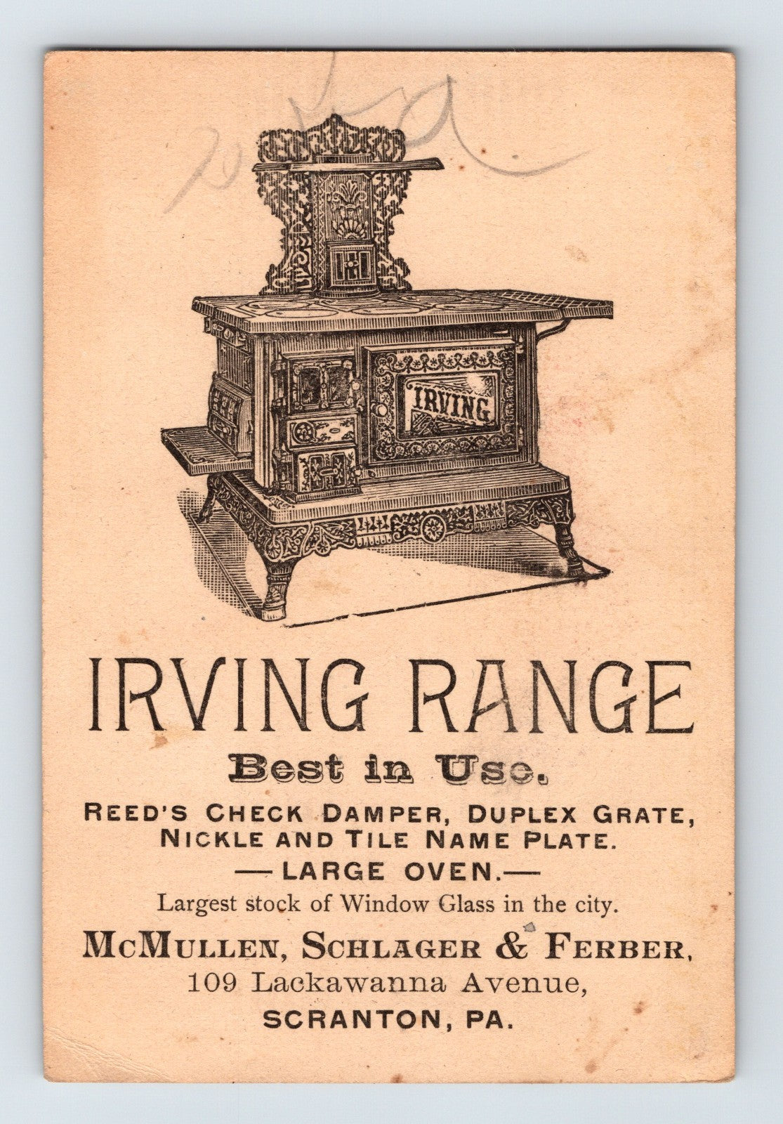 Scranton PA Irving Range Stove Little Girl 1890s Victorian Trade Card 4.5 x 3