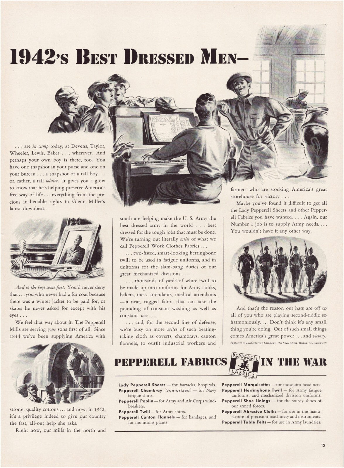 Pepperell fabrics 1942 wartime print ad soldiers uniforms best dressed men WWII