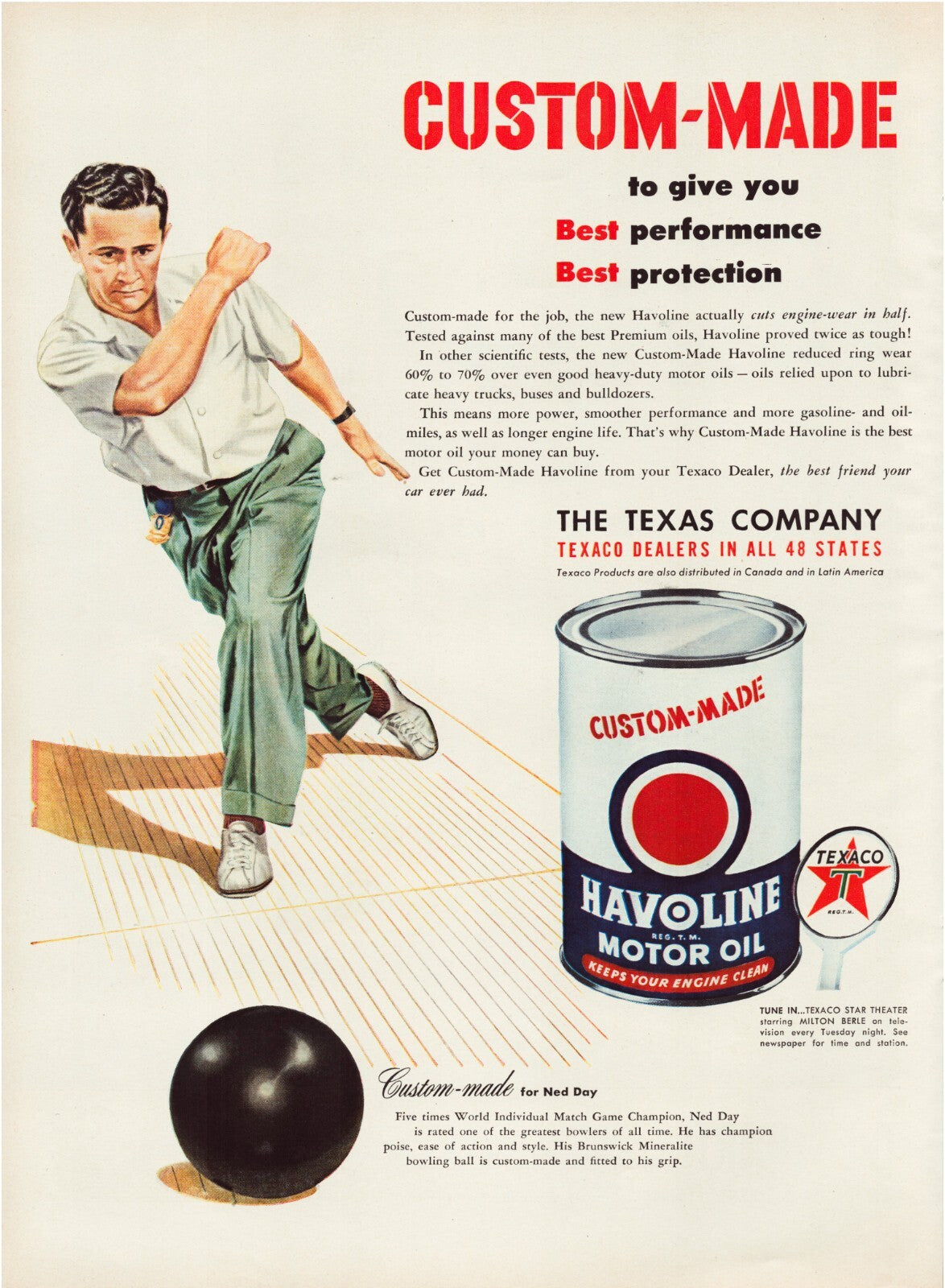 Texaco Havoline motor oil 1950 bowling Ned Day custom made print ad