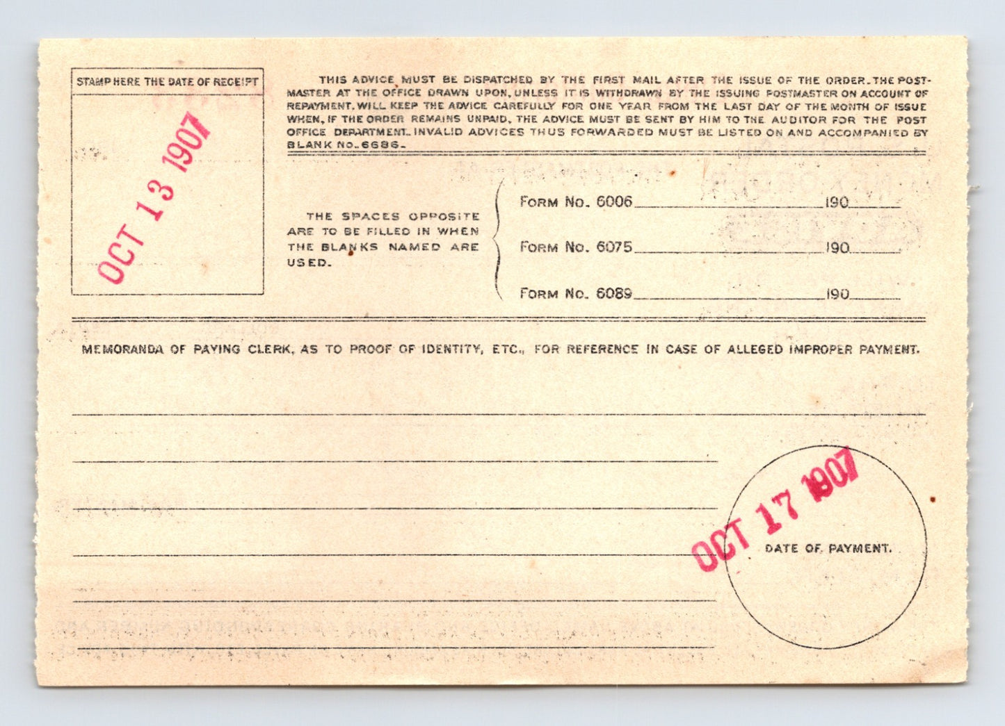 Oleta California 1907 Postal Money Order Advice Fiddletown 3.5 x 5