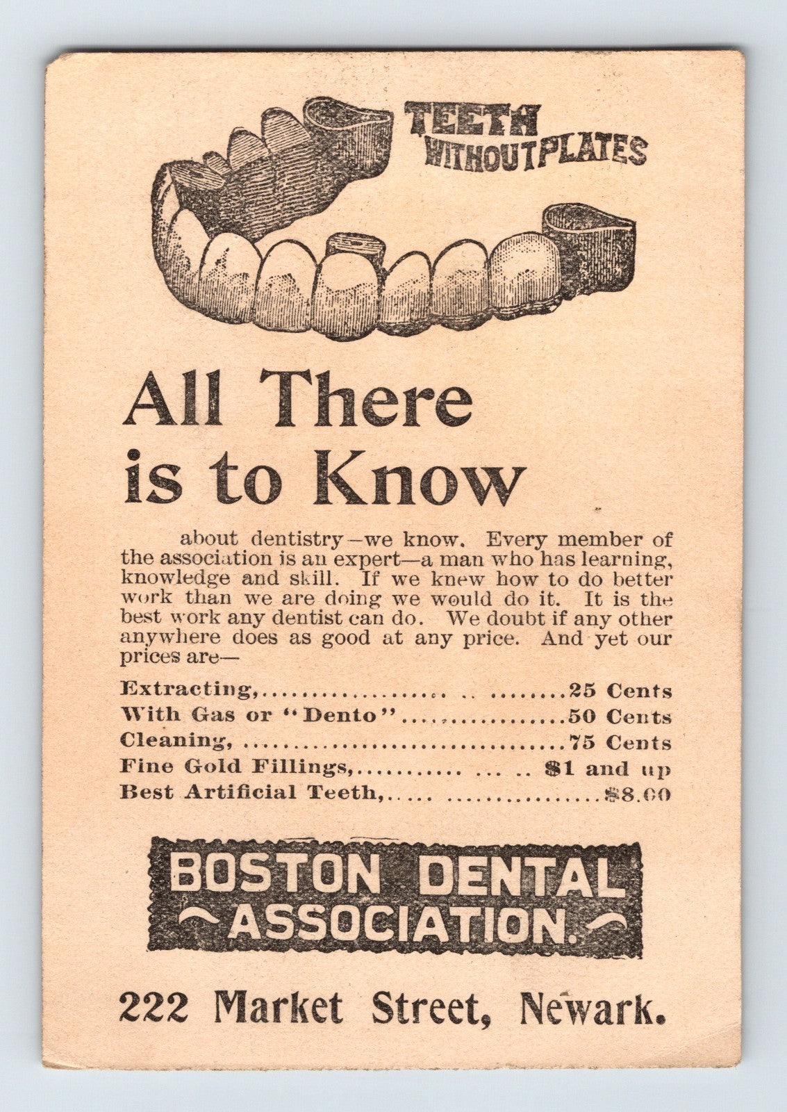 Boston Dental Association Newark Dentistry 1890s Victorian Trade Card 3 x 4.25