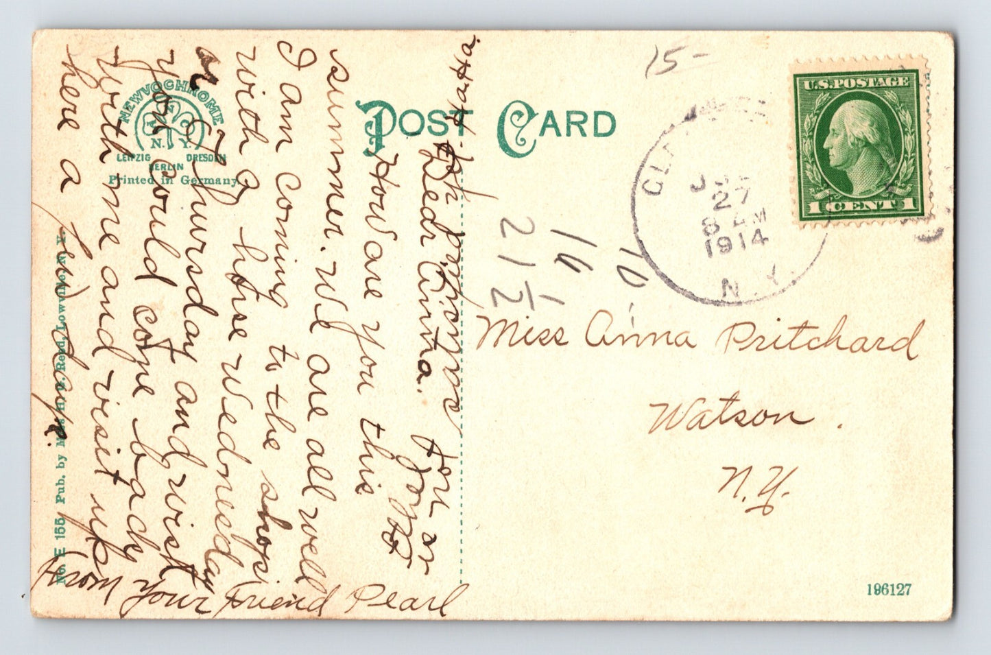 Lowville New York State Street Baptist Church 1914 Postcard Divided Back Posted