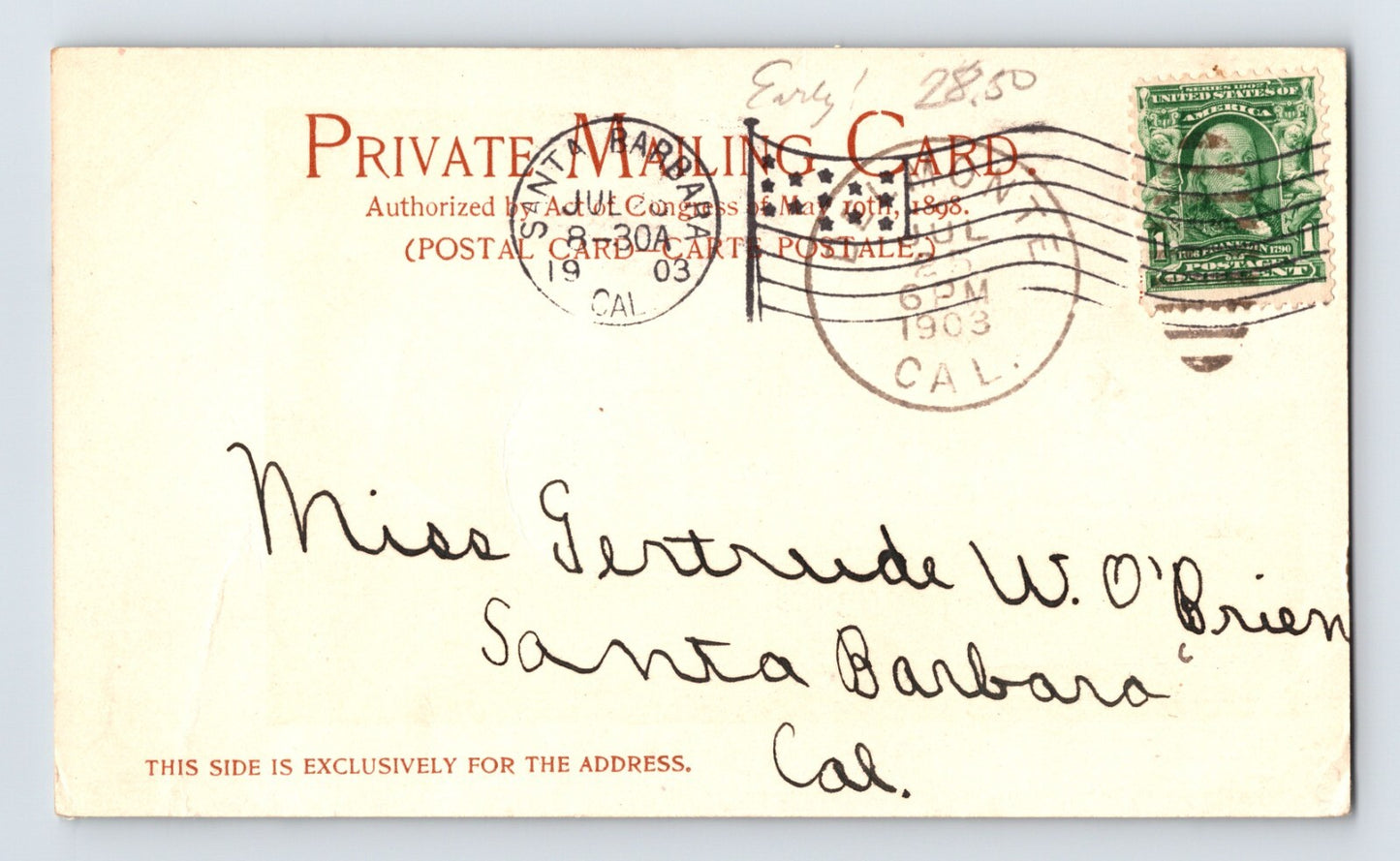 Monterey California Hotel Del Monte 1903 Postcard Posted Private Mailing Card