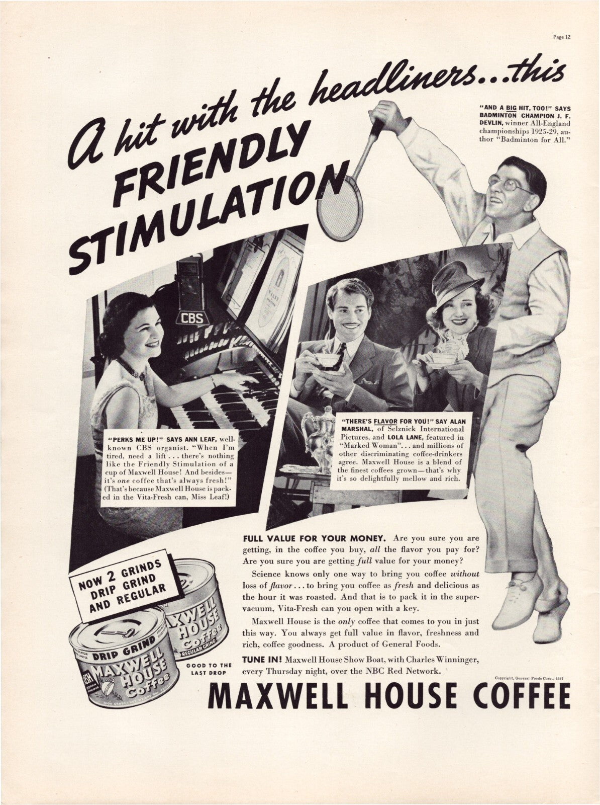 Maxwell House Coffee 1937 Full Page Print Ad 10.5 x 13.5