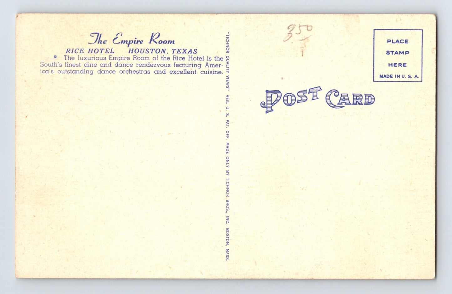 Houston Texas Rice Hotel Empire Room 1940s Postcard Unposted Linen