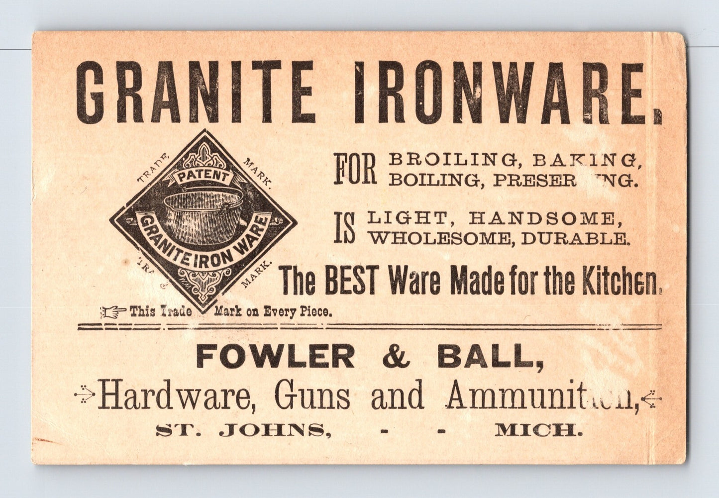 St John MI Granite Ironware Fowler Ball Cute Witch Girl 1890s Trade Card 2.5 x 4