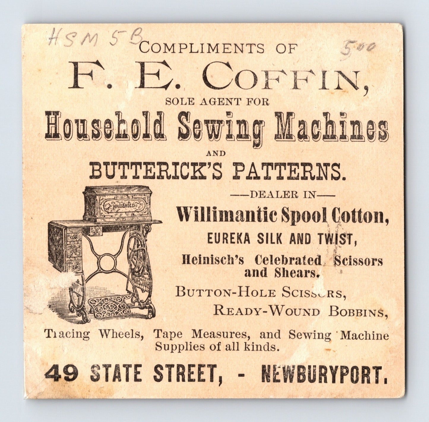 Household Sewing Machine Swallow Birds 1890s Victorian Trade Card 3.25 x 3.25