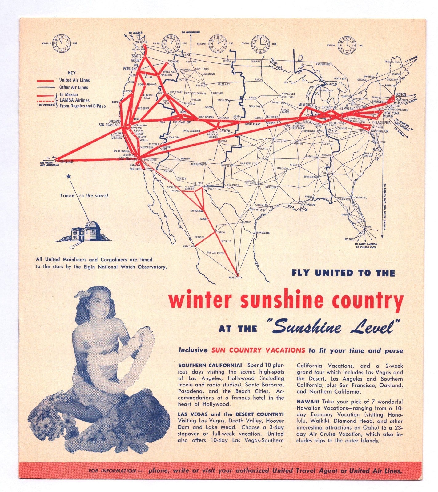 United Airlines 1951 Winter Sunshine System Time Table Brochure Booklet Vintage