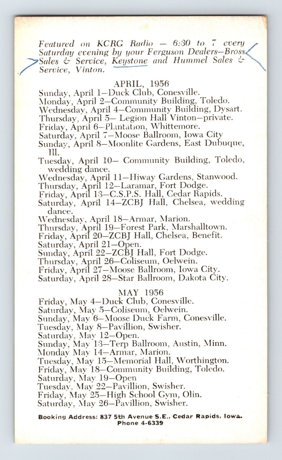 Cedar Rapids Iowa Frank Buhr Midwest Ramblers KCRG Tour 1956 Postcard
