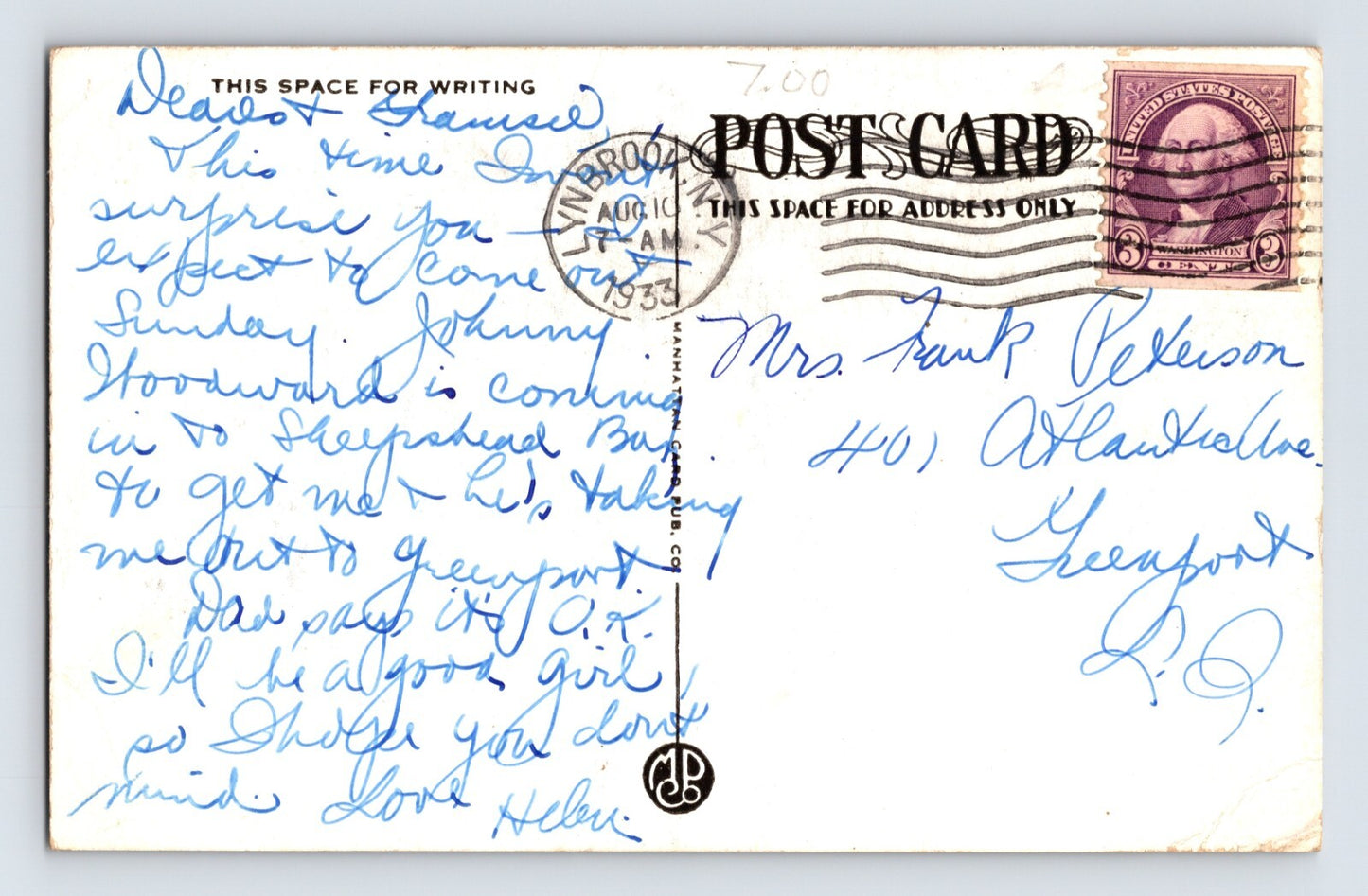 Long Island New York Lynbrook High School 1933 Postcard Posted B&W