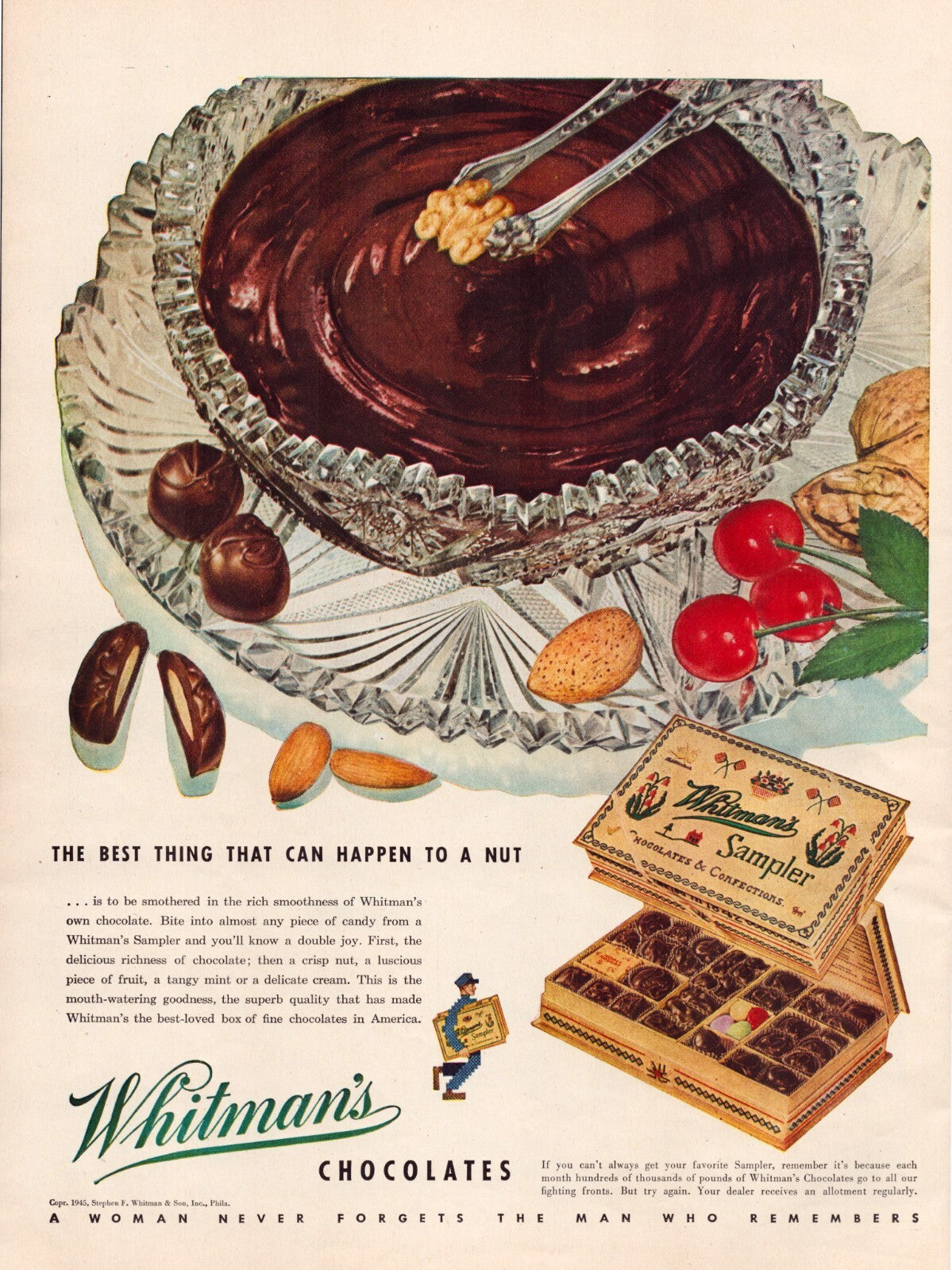 Whitman’s chocolates 1945 nuts sampler candy dish cherries almonds wartime print ad