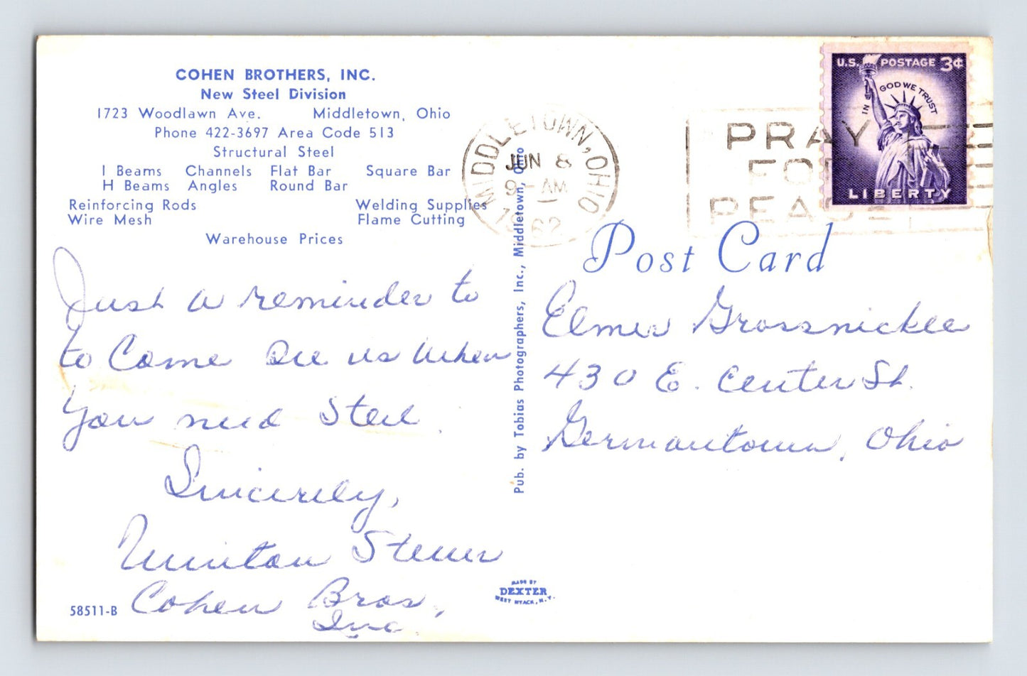 Middletown Ohio Cohen Brothers New Steel 1962 Postcard Posted Chrome