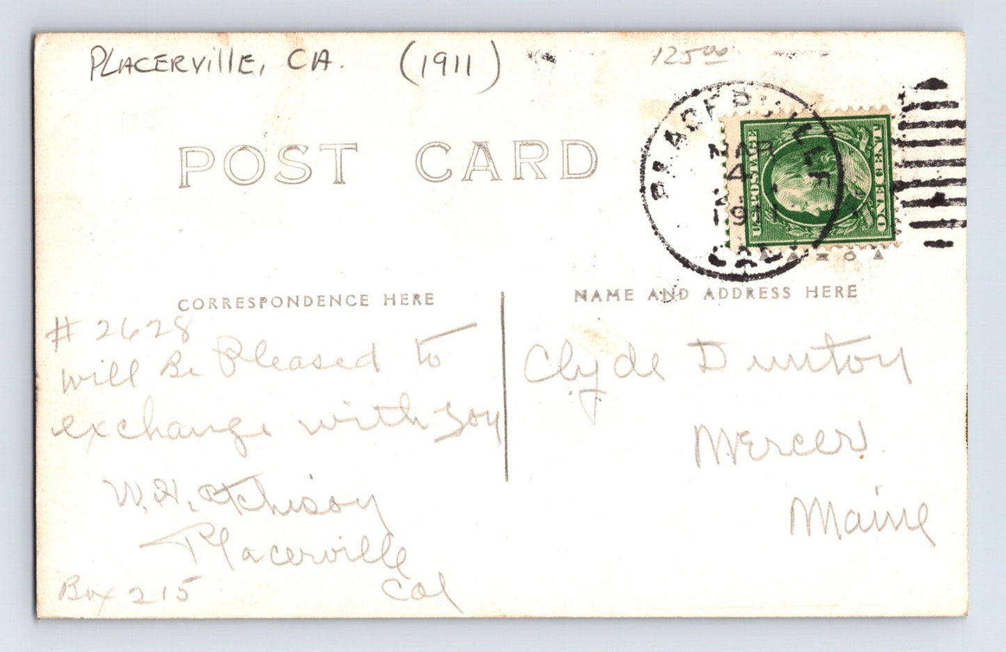 Placerville California General Woods Camp 1911 RPPC Postcard Posted Divided Back
