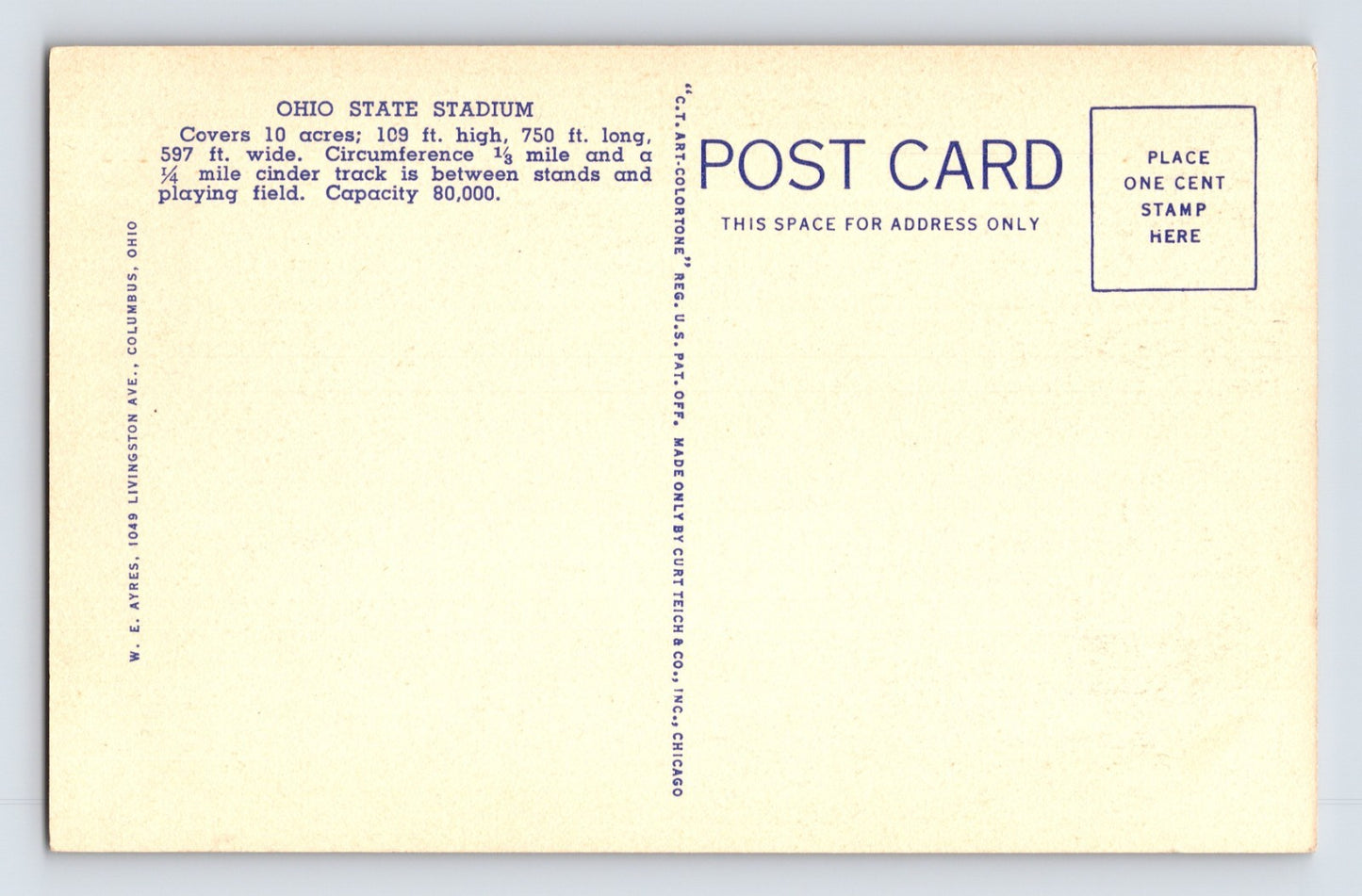 Ohio State University Columbus Ohio Football Stadium 1940s Postcard Unposted