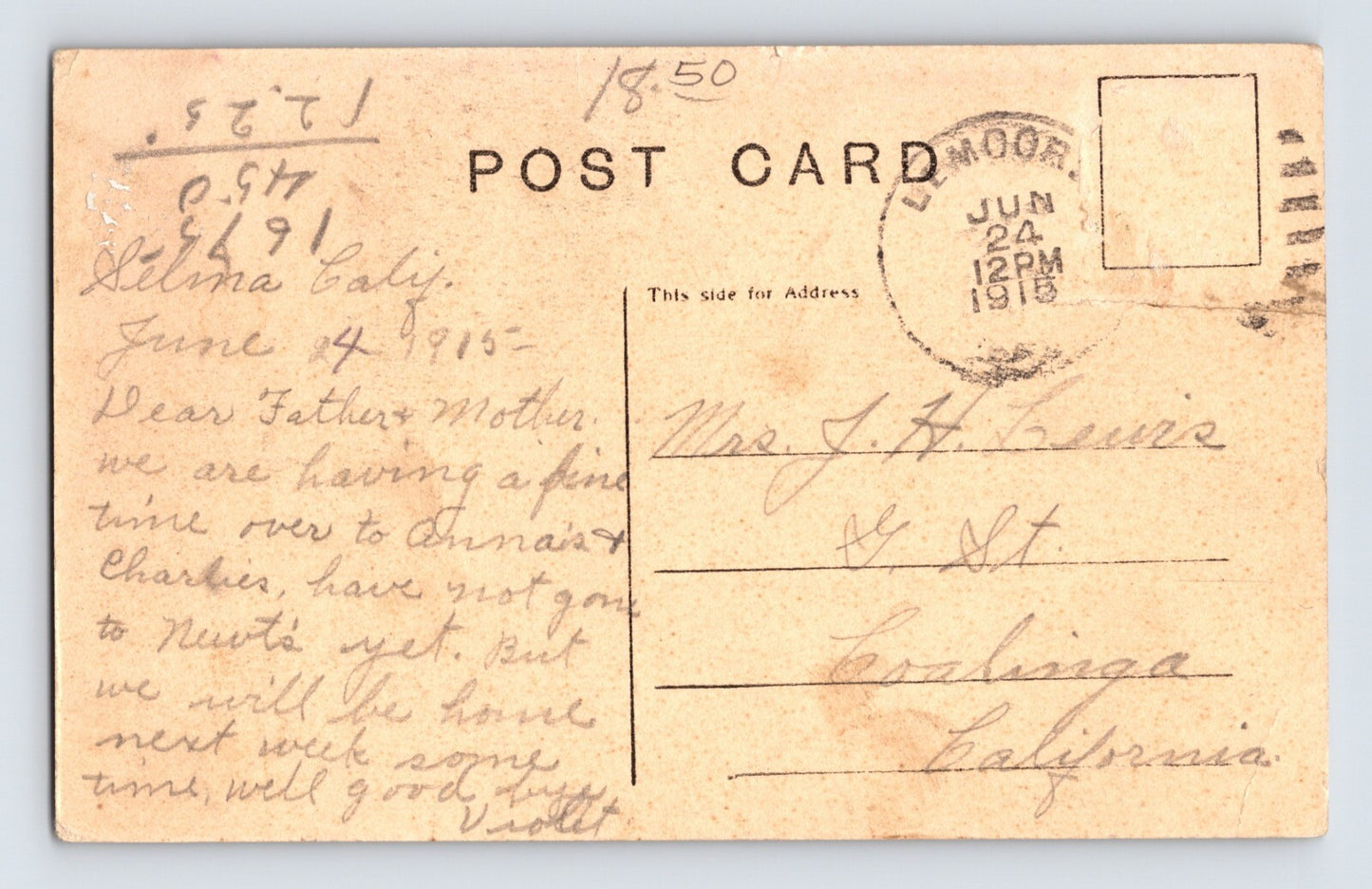 Selma California Residence Street 1915 Postcard Posted Divided Back