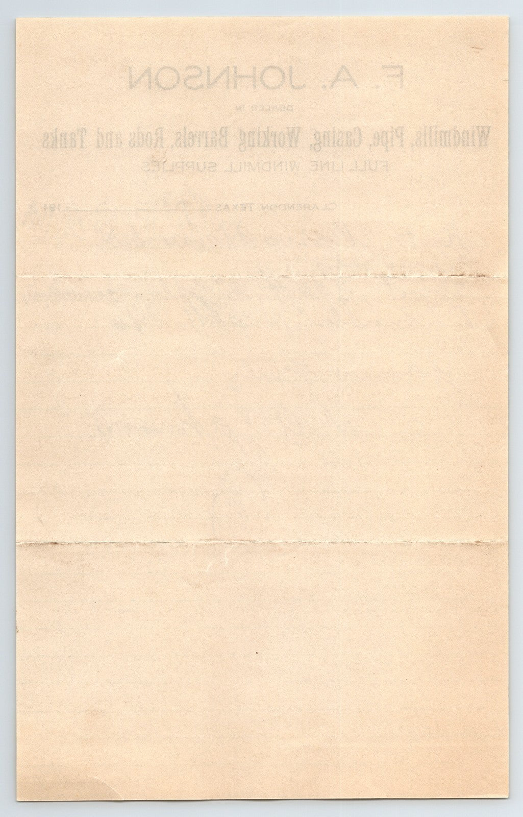 Clarendon Texas 1912 F A Johnson Windmill Supply Letter 9 x 6