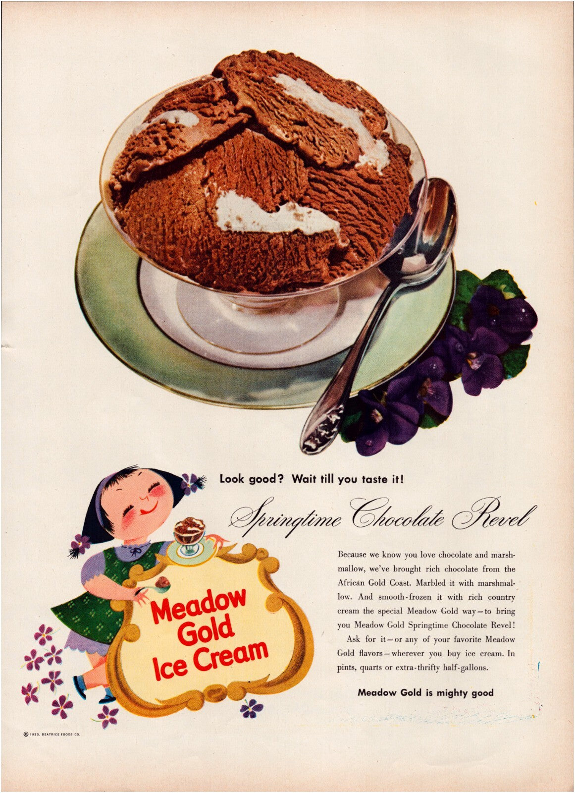 Meadow Gold Ice Cream 1953 Chocolate Marshmallow Full Page Print Ad 10.5 x 13.5