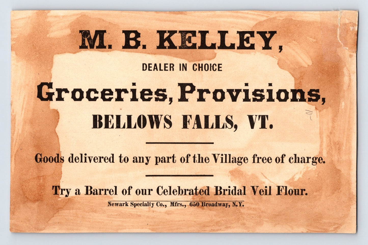Bellows Falls Vermont M B Kelley Groceries 1890s Victorian Trade Card 7 x 4.5
