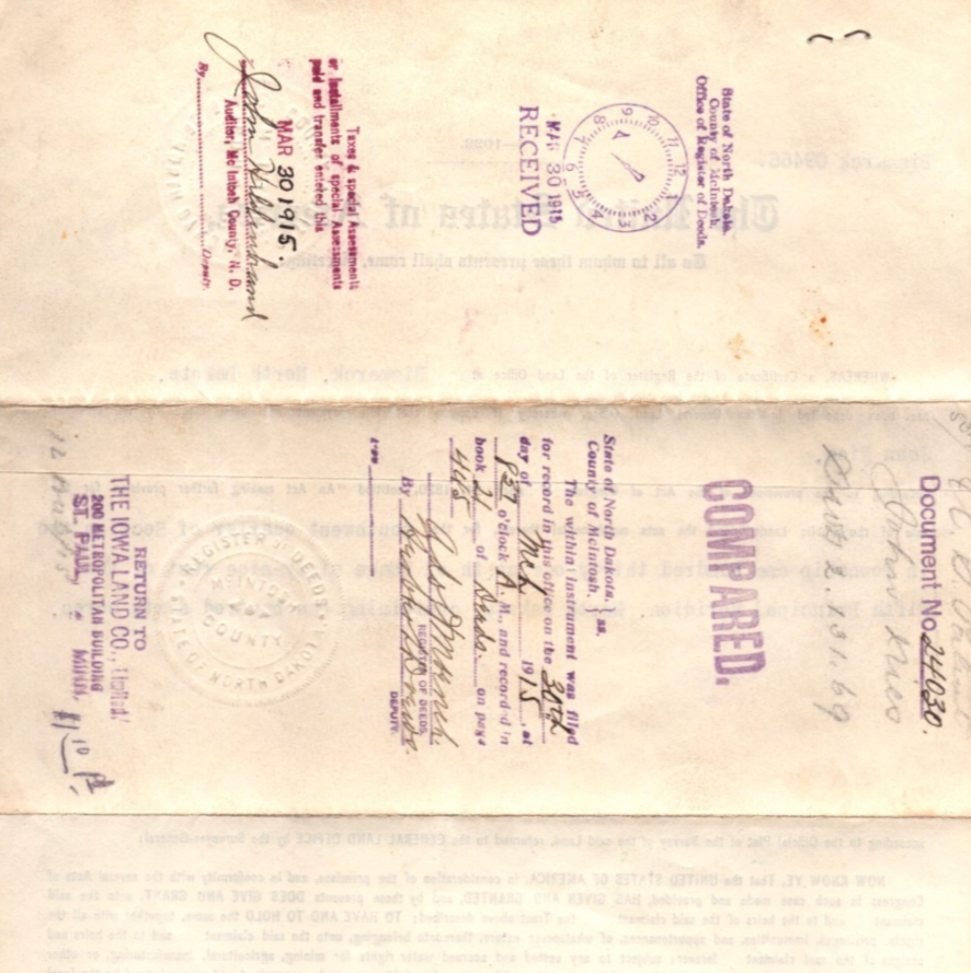 Bismarck South Dakota Woodrow Wilson General Land Office Grant 1915 Embossed