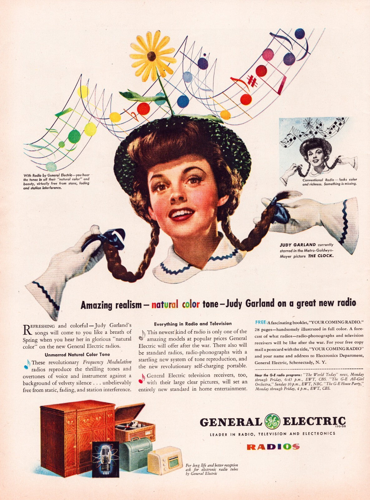 General Electric radio 1945 print ad Judy Garland illustration colorful musical theme vintage magazine page