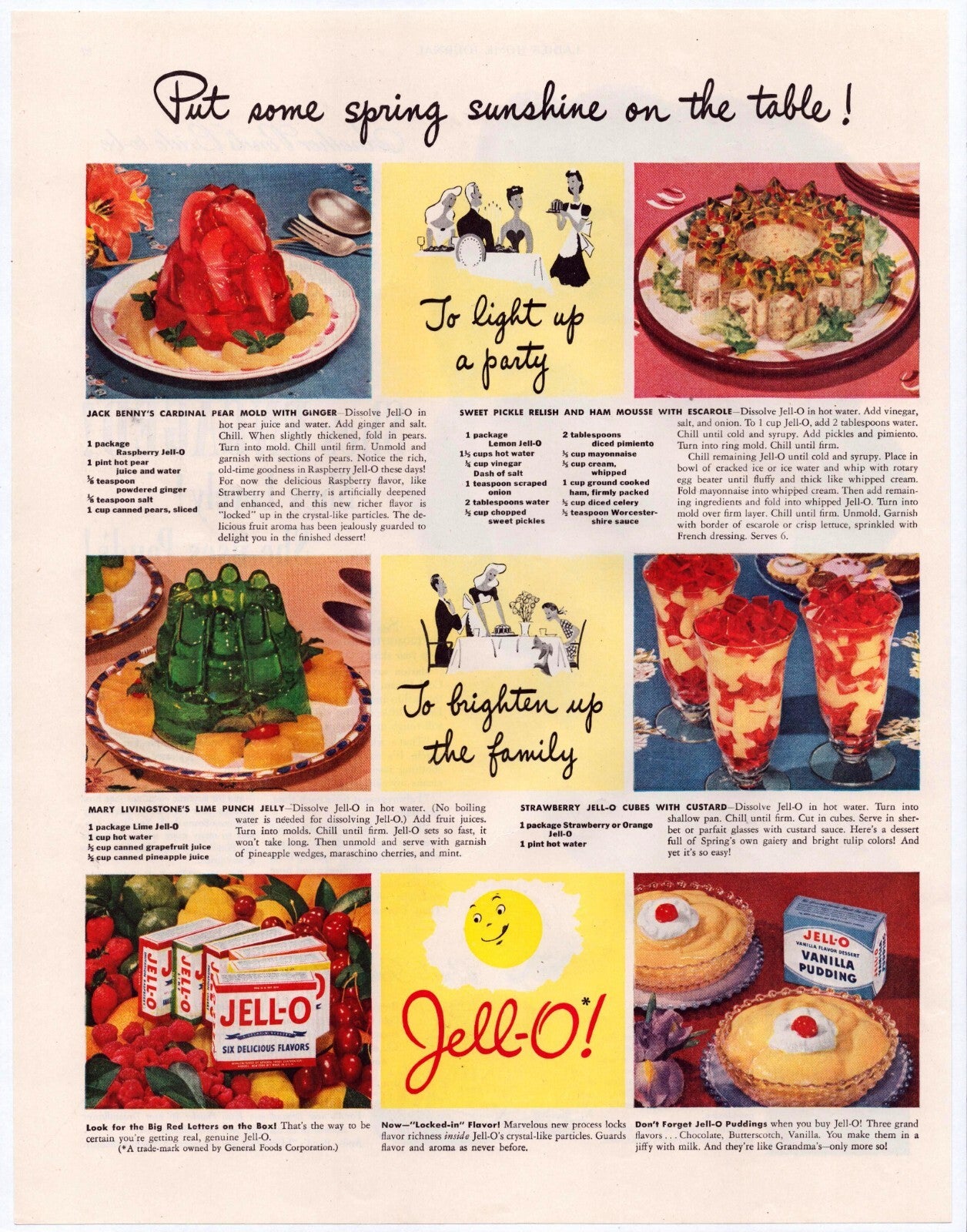 Jell O 1942 print ad with colorful gelatin desserts recipes and Put some spring sunshine on the table slogan