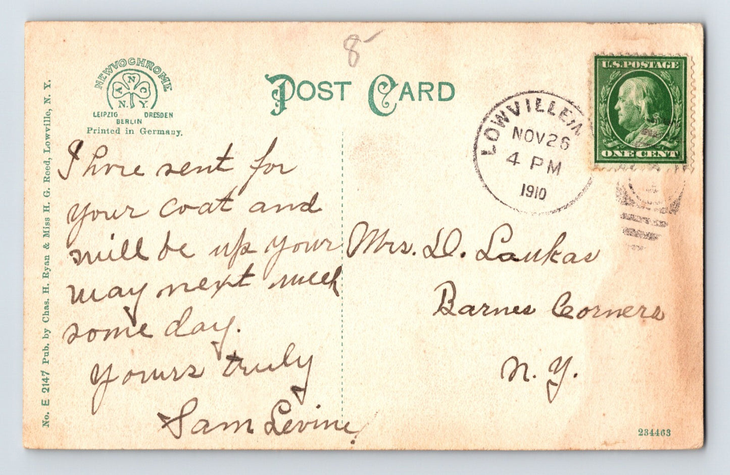 Lowville New York County Home Poor House Asylum 1910 Postcard Posted
