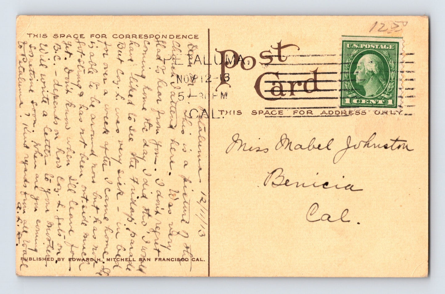 Petaluma California Episcopal Church 1913 Postcard Posted Divided Back