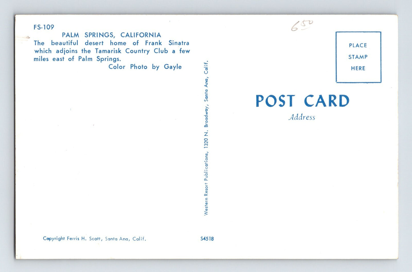 Palm Springs California Frank Sinatra Home Residence 1960s Postcard Unposted