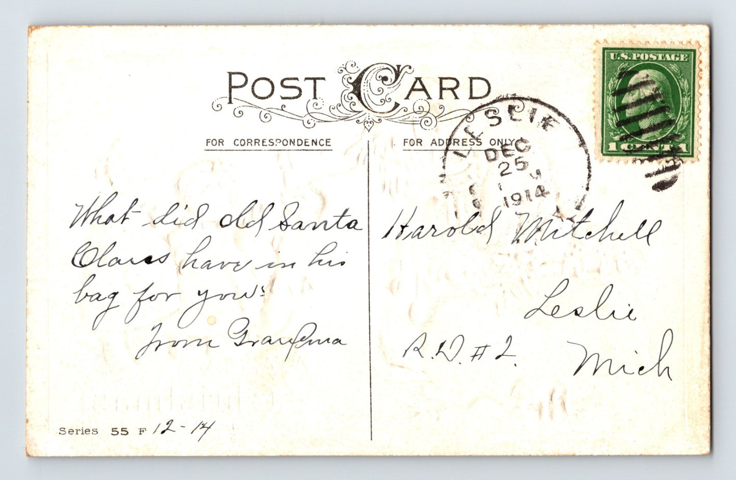 Santa Claus Children Toy Sack 1914 Christmas Postcard Posted
