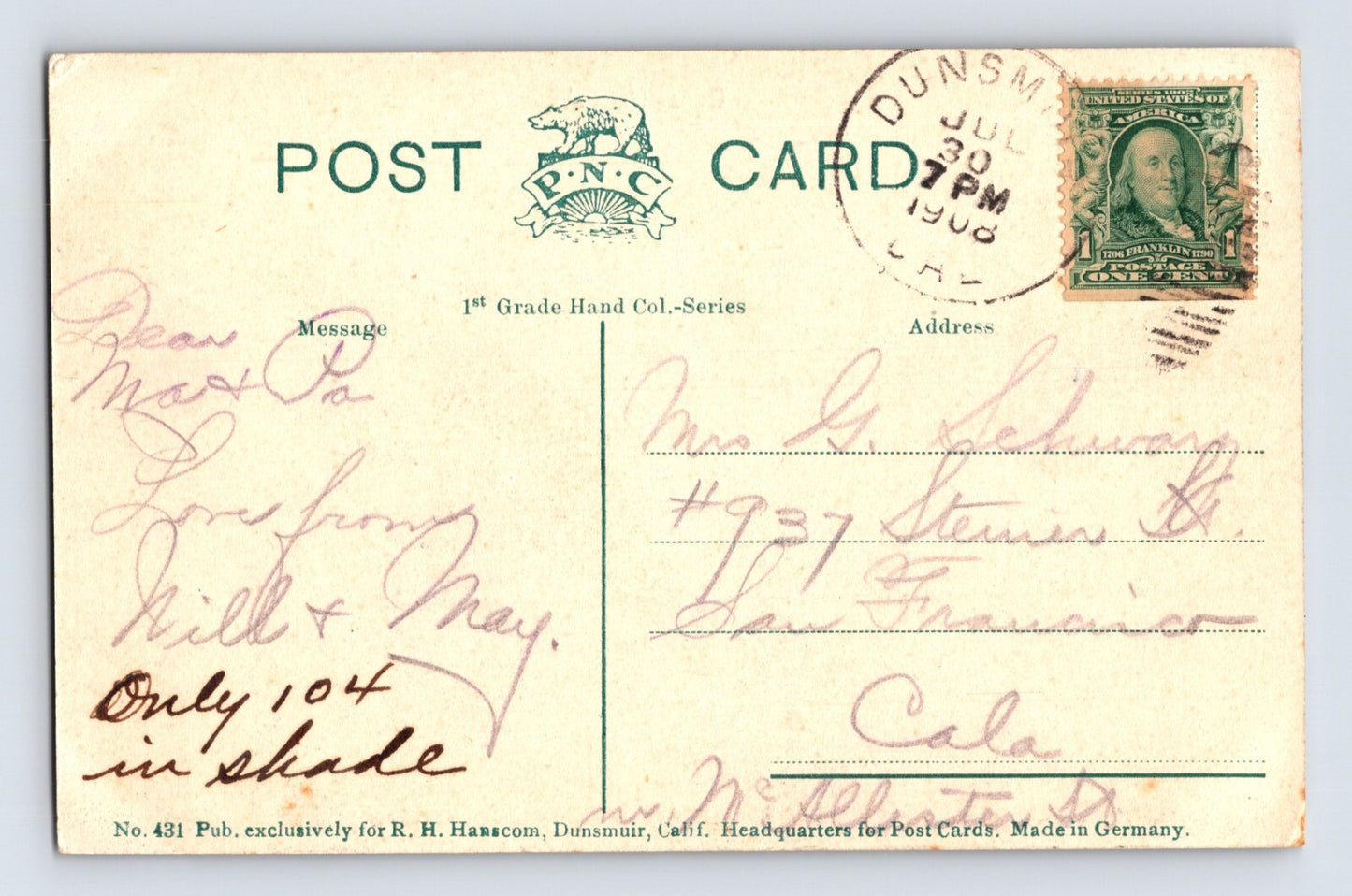 Dunsmuir California Downtown Aerial 1908 Postcard Posted Divided Back